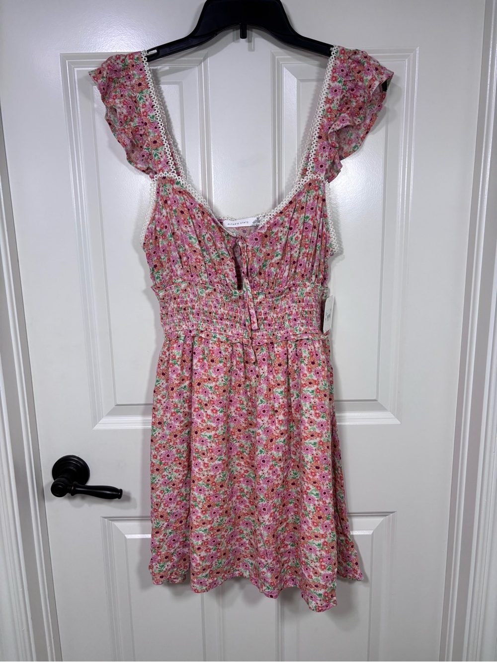 NWT Altar'd State Mini Sundress Women’s L Pink Floral Smocked Bodice